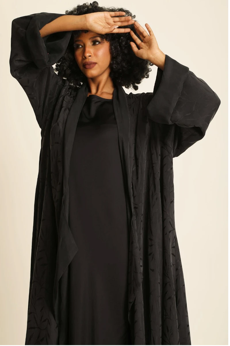 Heavy double faced silk matt black Abaya 085
