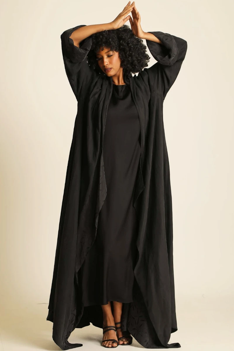 Heavy double faced silk matt black Abaya 085