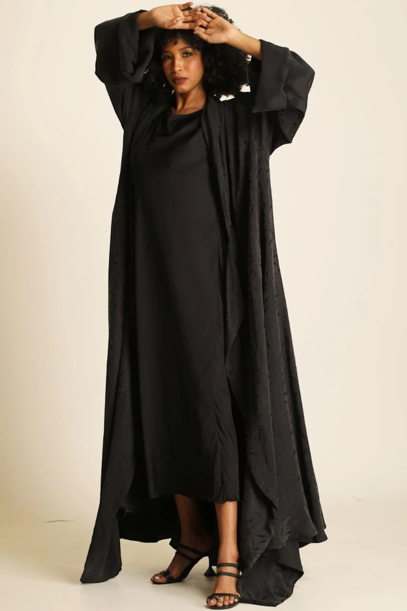 Heavy double faced silk matt black Abaya 085