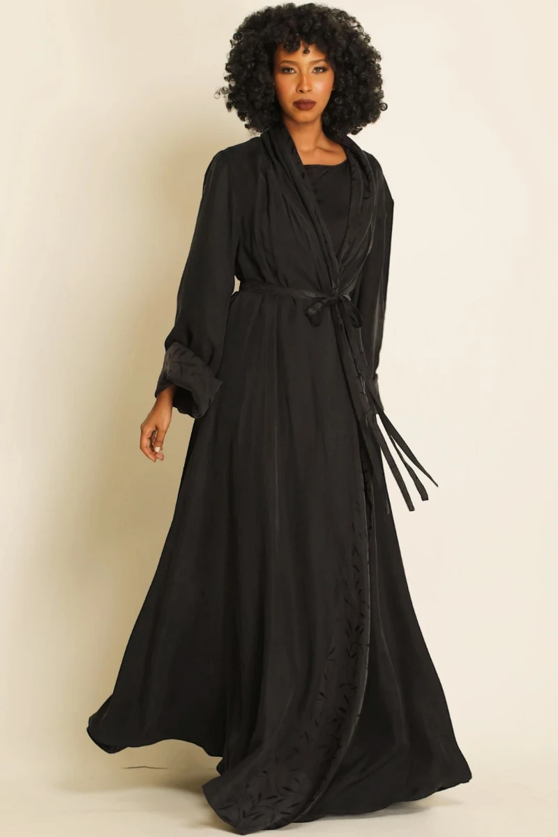 Heavy double faced silk matt black Abaya 085