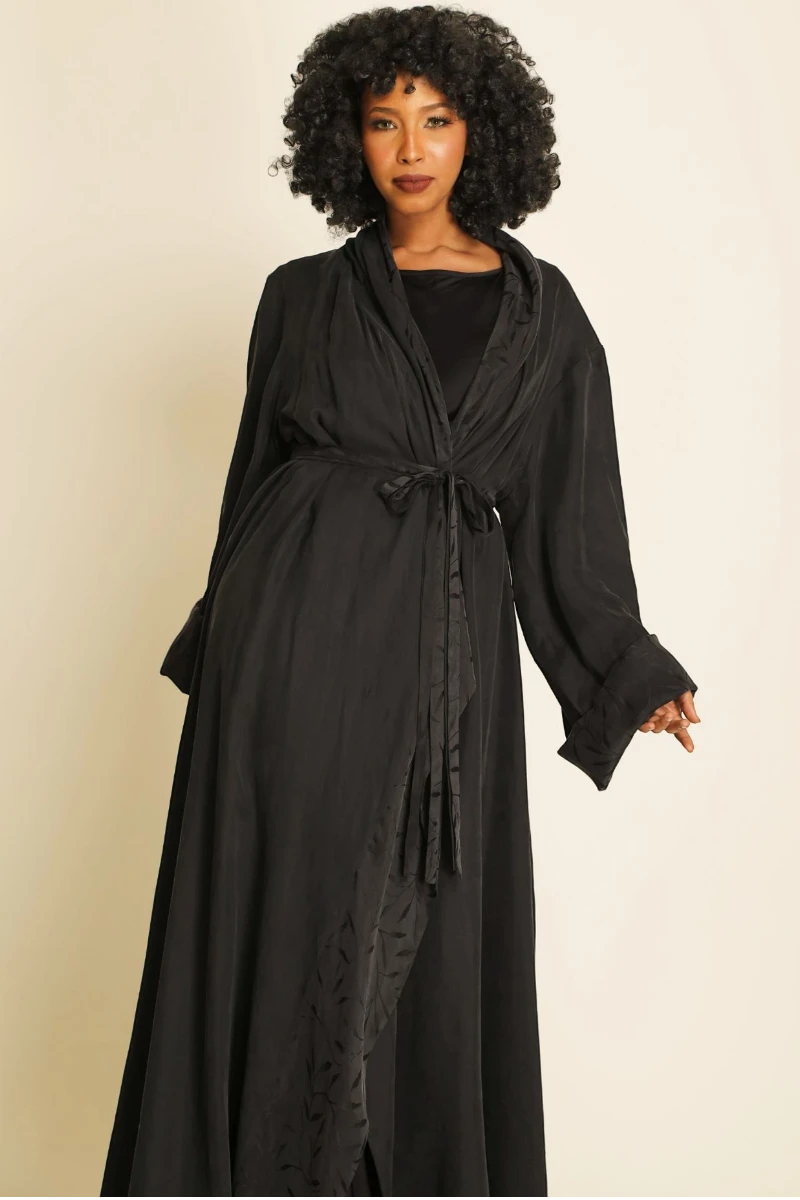 Heavy double faced silk matt black Abaya 085