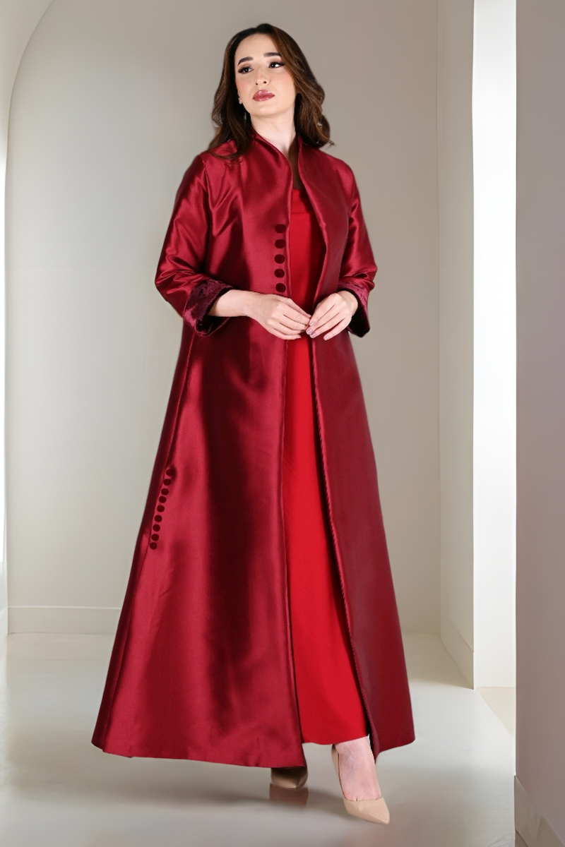 عباية 01057 فستان من الحرير التفتا باللون العنابي عباية 01057 فستان من الحرير التفتا باللون العنابي