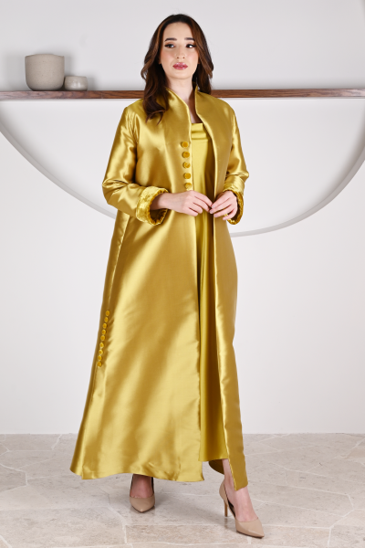 عباية 01047 قماش حريري من التفتا باللون الأصفر الخردلي