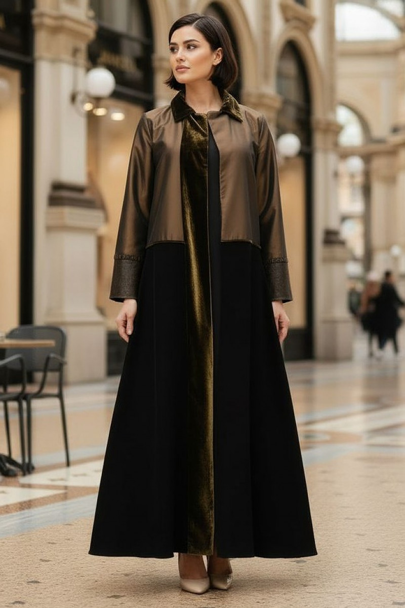 عباية 01043 تافتا بني داكن مع كريب وأساور جلد عباية 01043 تافتا بني داكن مع كريب وأساور جلد