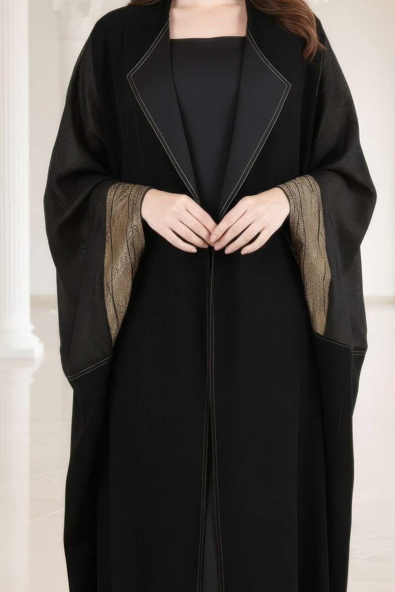 عباية 01058 عباية راقية من الكريب الأسود مع أورجانزا