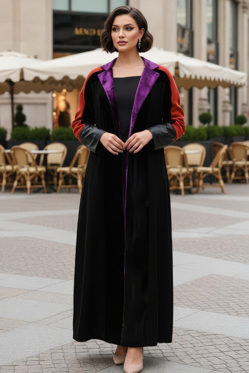 عباية 01038 كريب ومخمل بأصفاد جلدية عباية 01038 كريب ومخمل بأصفاد جلدية