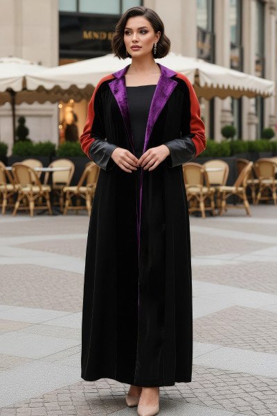 عباية 01038 كريب ومخمل بأصفاد جلدية