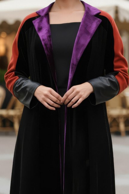 عباية 01038 كريب ومخمل بأصفاد جلدية