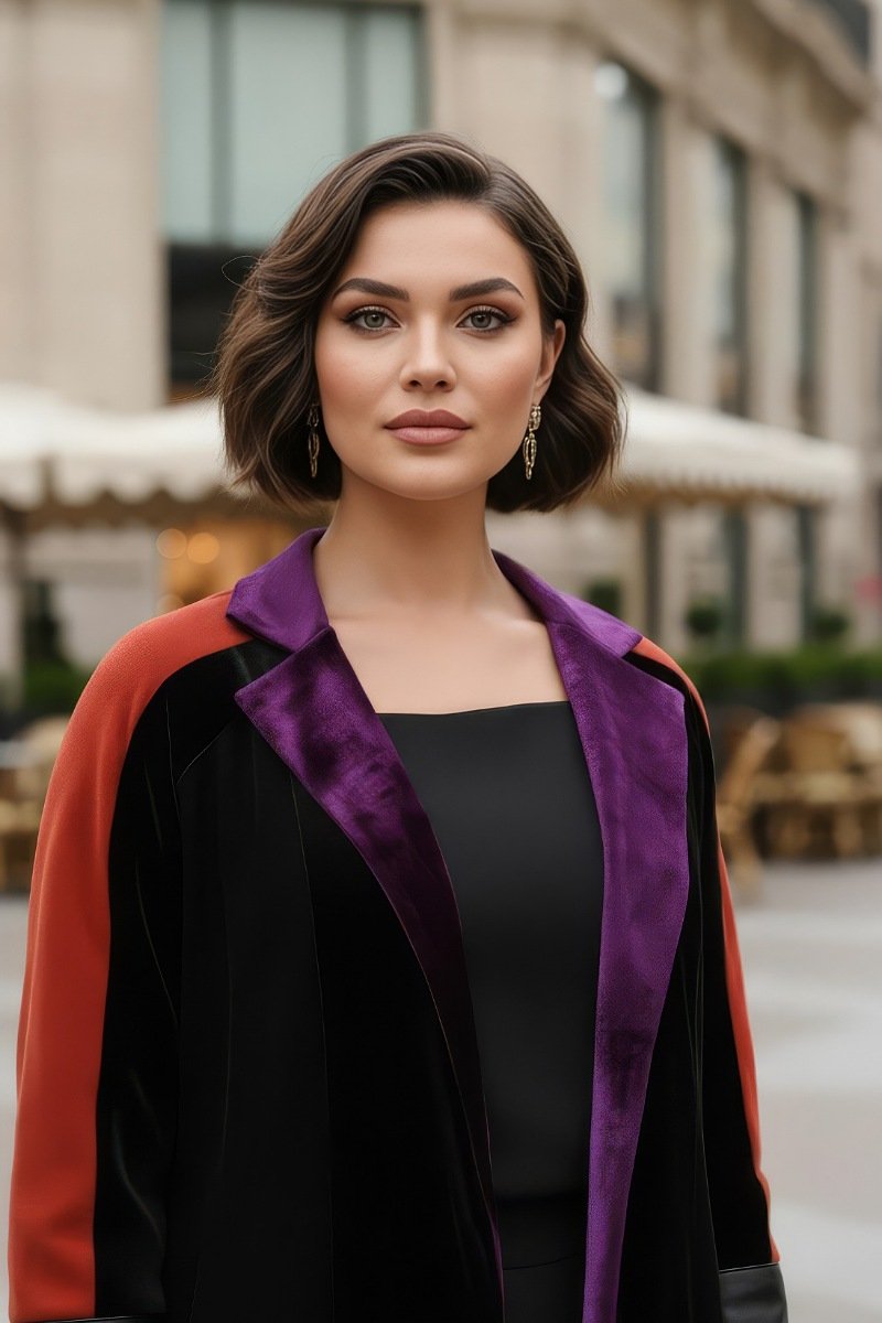 عباية 01038 كريب ومخمل بأصفاد جلدية