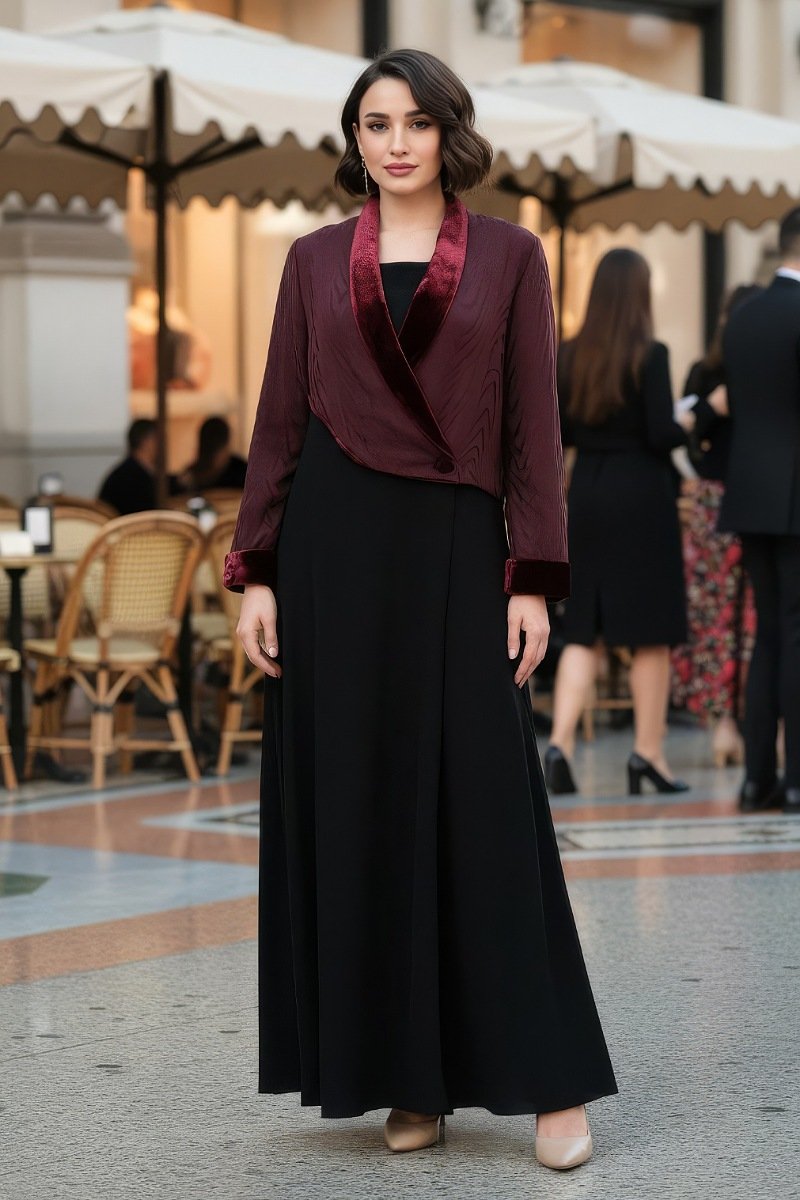 عباية كريب مع قطيفة حرير ومخمل 01040 عباية كريب مع قطيفة حرير ومخمل 01040