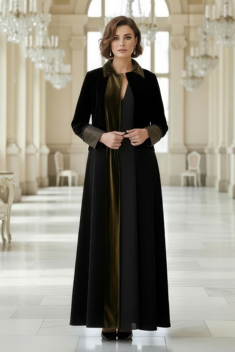  عباية رقم 010118 من قماش الكريب الأسود الفاخر الداكن المطفي مع مخمل زيتوني ذهبي داكن 