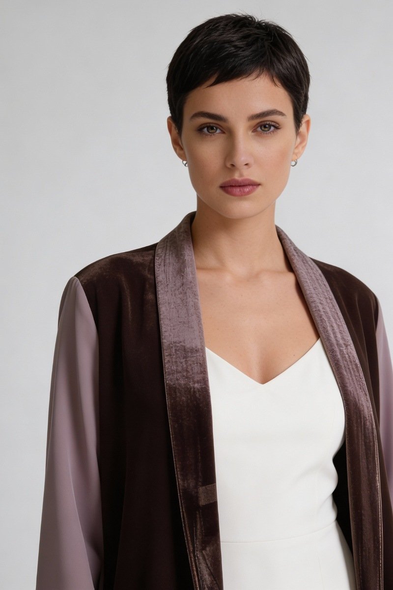 عباية 01039 كريب مع مخمل و حواف برونزية