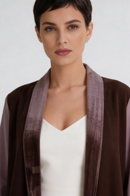 عباية 01039 كريب مع مخمل و حواف برونزية