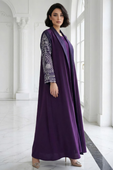 عباية 01049 عباية بليزر من الكريب الأرجواني مع أورجانزا