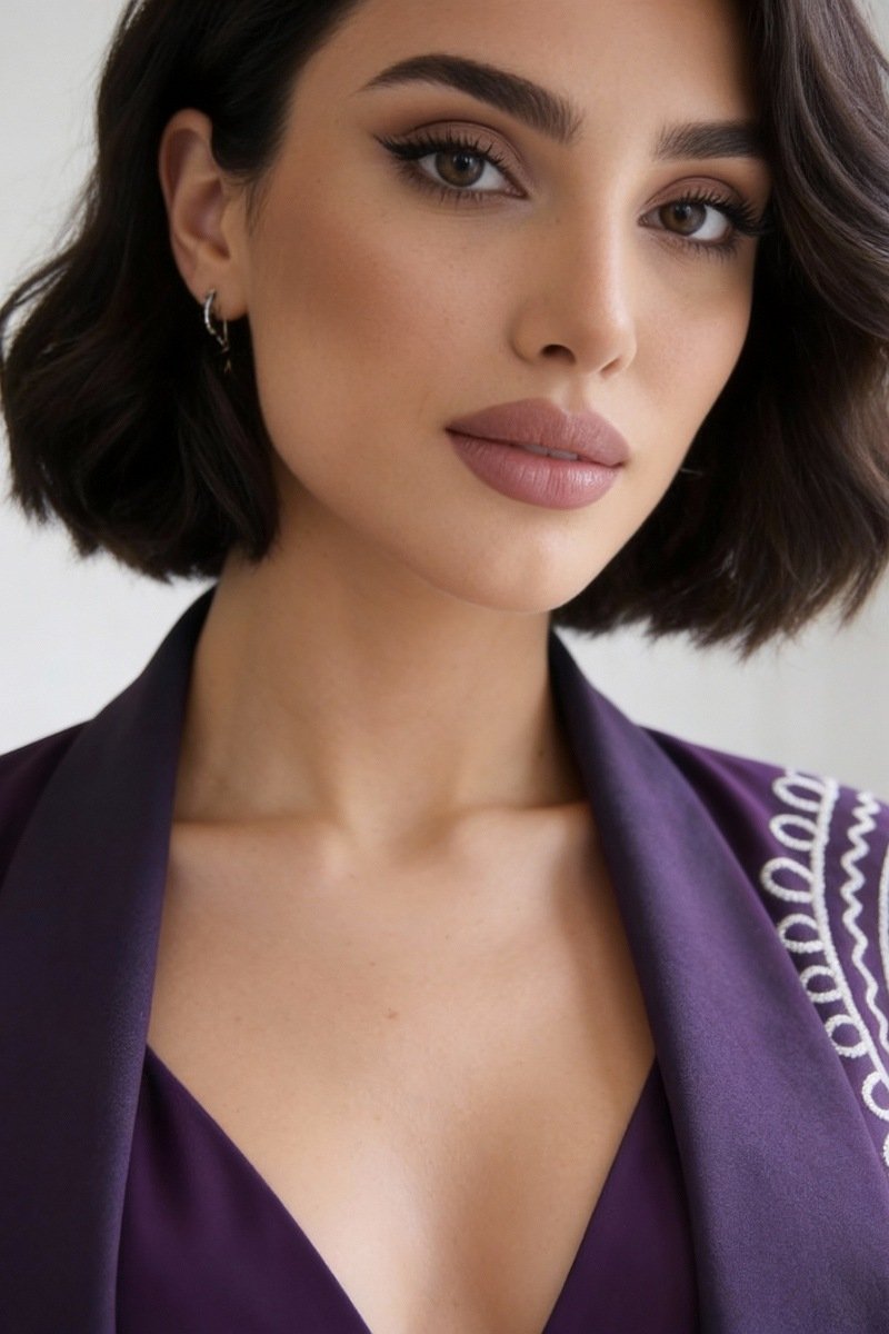 عباية 01049 عباية بليزر من الكريب الأرجواني مع أورجانزا