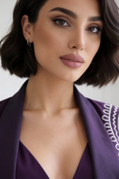 عباية 01049 عباية بليزر من الكريب الأرجواني مع أورجانزا