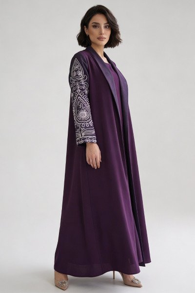 عباية 01049 عباية بليزر من الكريب الأرجواني مع أورجانزا