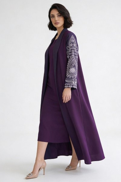 عباية 01049 عباية بليزر من الكريب الأرجواني مع أورجانزا