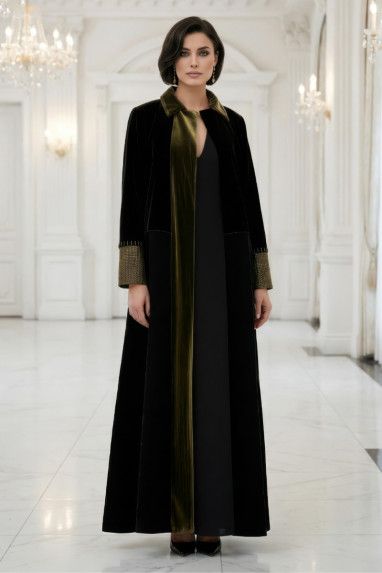  عباية رقم 010118 من قماش الكريب الأسود الفاخر الداكن المطفي مع مخمل زيتوني ذهبي داكن 
