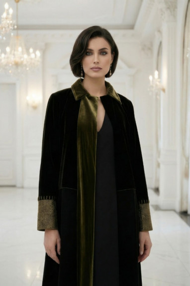  عباية رقم 010118 من قماش الكريب الأسود الفاخر الداكن المطفي مع مخمل زيتوني ذهبي داكن 