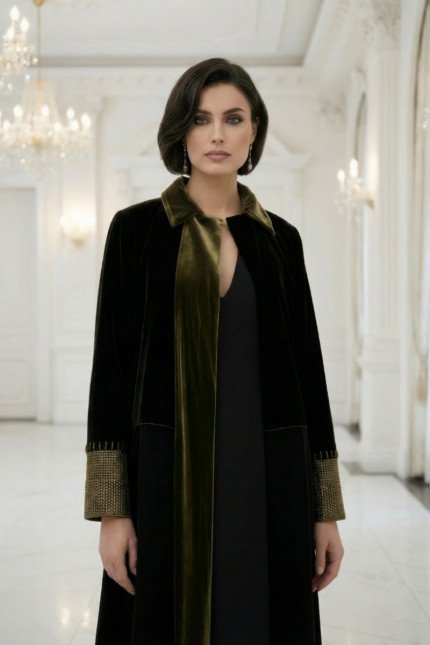  عباية رقم 010118 من قماش الكريب الأسود الفاخر الداكن المطفي مع مخمل زيتوني ذهبي داكن 