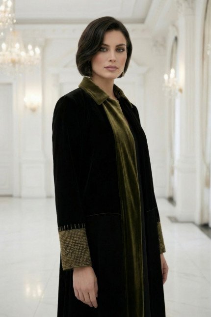  عباية رقم 010118 من قماش الكريب الأسود الفاخر الداكن المطفي مع مخمل زيتوني ذهبي داكن 