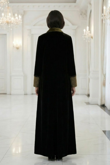  عباية رقم 010118 من قماش الكريب الأسود الفاخر الداكن المطفي مع مخمل زيتوني ذهبي داكن 