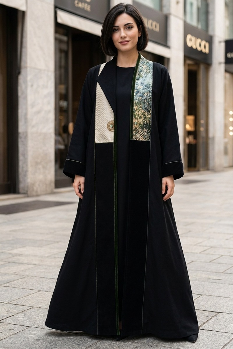 عباية كان أسود فاخر مع جاكار ومخمل خفيف 010135