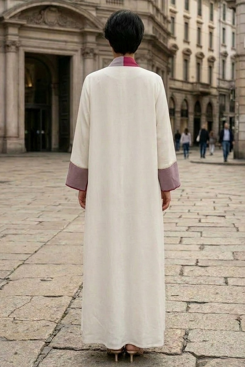 عباية كتان أبيض فاخر مع جاكار ومخمل خفيف 010136