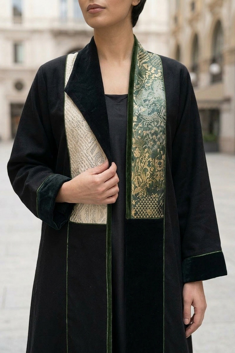 عباية كان أسود فاخر مع جاكار ومخمل خفيف 010135