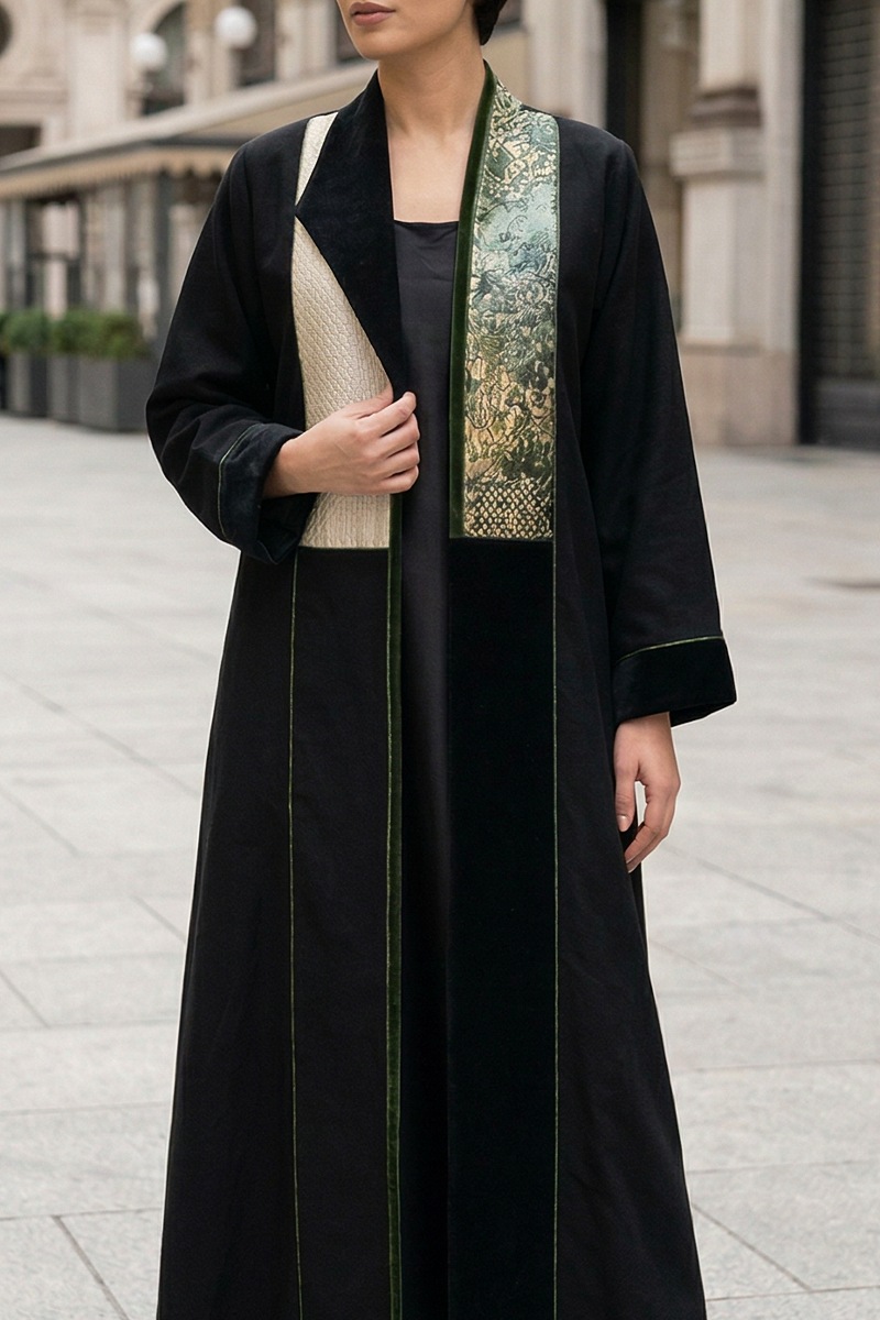 عباية كان أسود فاخر مع جاكار ومخمل خفيف 010135