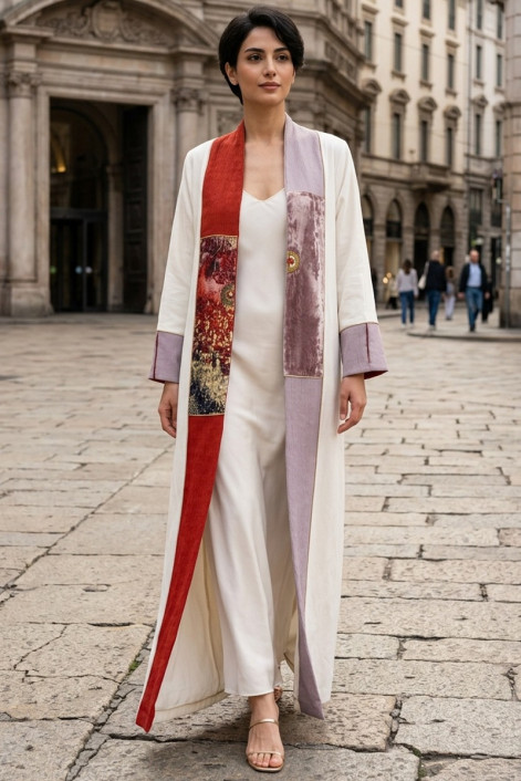 عباية كتان أبيض مائل لأوف وايت فاخر مع جاكار ومخمل خفيف 010136 عباية كتان أبيض مائل لأوف وايت فاخر مع جاكار ومخمل خفيف 010136