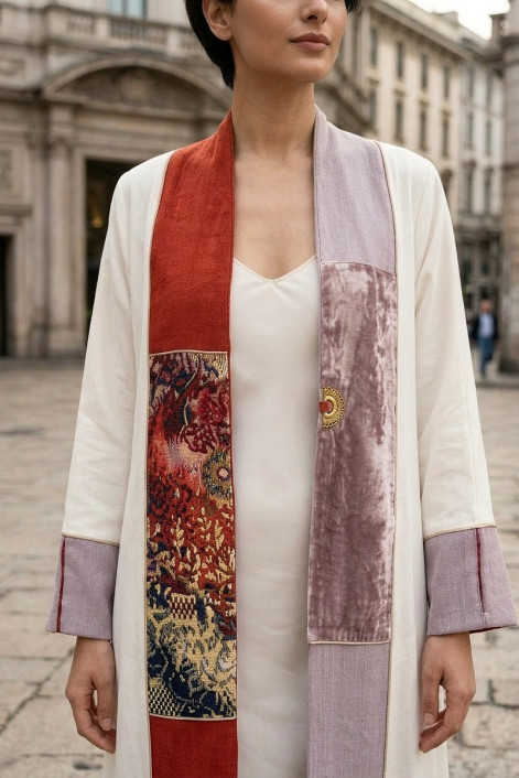 عباية كتان أبيض مائل لأوف وايت فاخر مع جاكار ومخمل خفيف 010136 عباية كتان أبيض مائل لأوف وايت فاخر مع جاكار ومخمل خفيف 010136