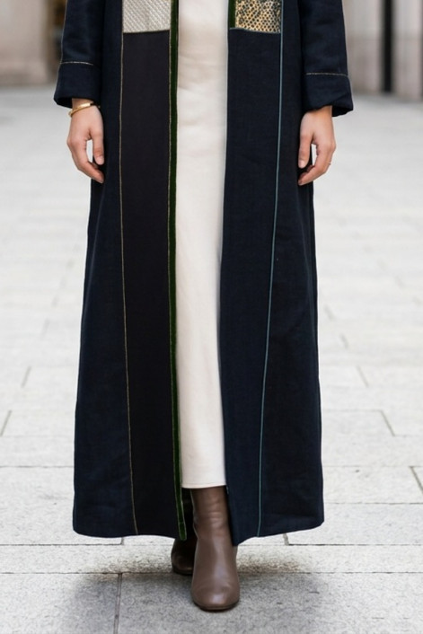 عباية كتان أسود فاخر مع جاكار ومخمل خفيف 010135