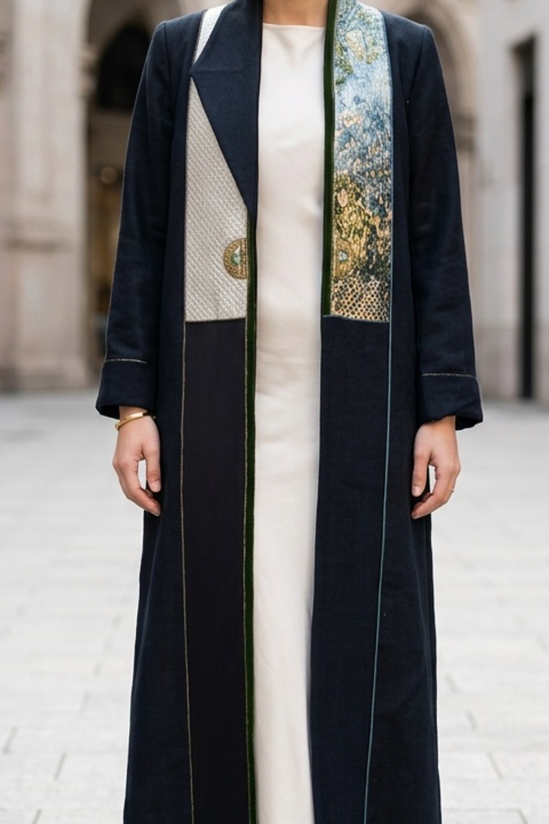 عباية كتان أسود فاخر مع جاكار ومخمل خفيف 010135