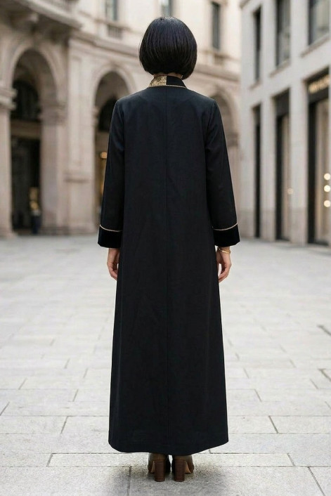 عباية كتان أسود فاخر مع جاكار ومخمل خفيف 010135