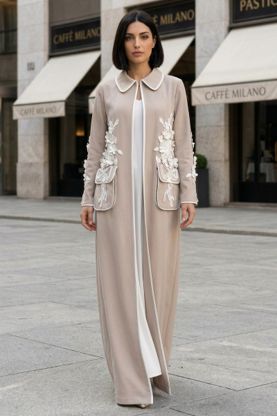 عباية كتان لينين فاخر بيج محايد مزينة بزهور بيضاء 010137