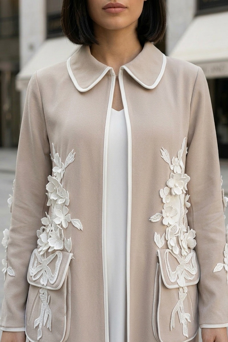 عباية كتان لينين فاخر بيج محايد مزينة بزهور بيضاء 010137