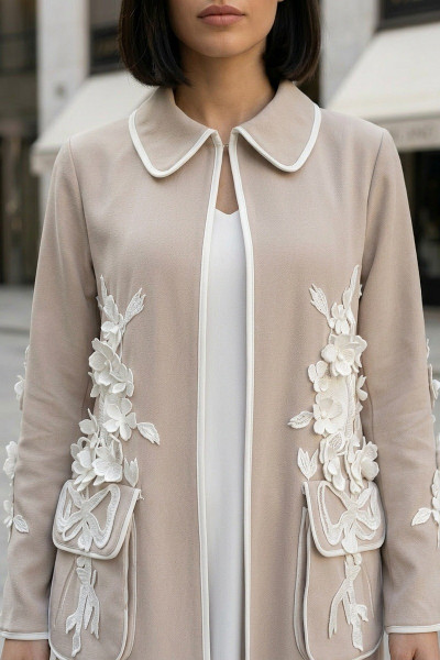 عباية كتان لينين فاخر بيج محايد مزينة بزهور بيضاء 010137