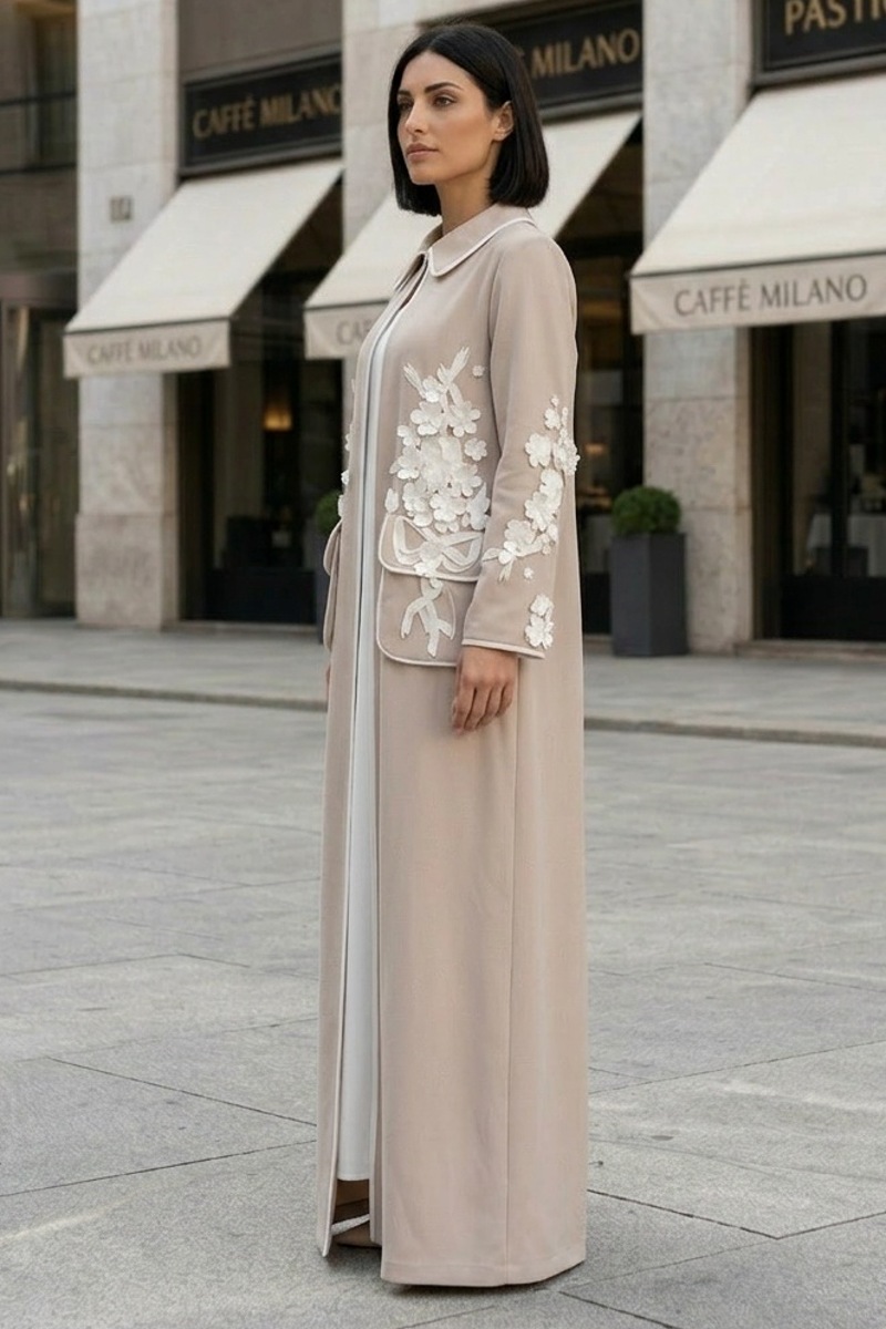 عباية كتان لينين فاخر بيج محايد مزينة بزهور بيضاء 010137