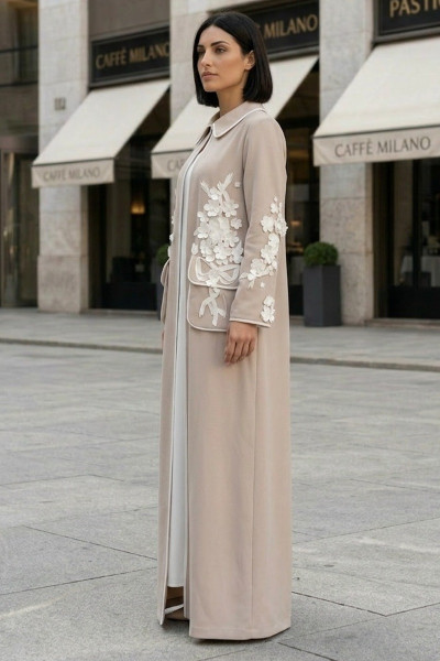 عباية كتان لينين فاخر بيج محايد مزينة بزهور بيضاء 010137