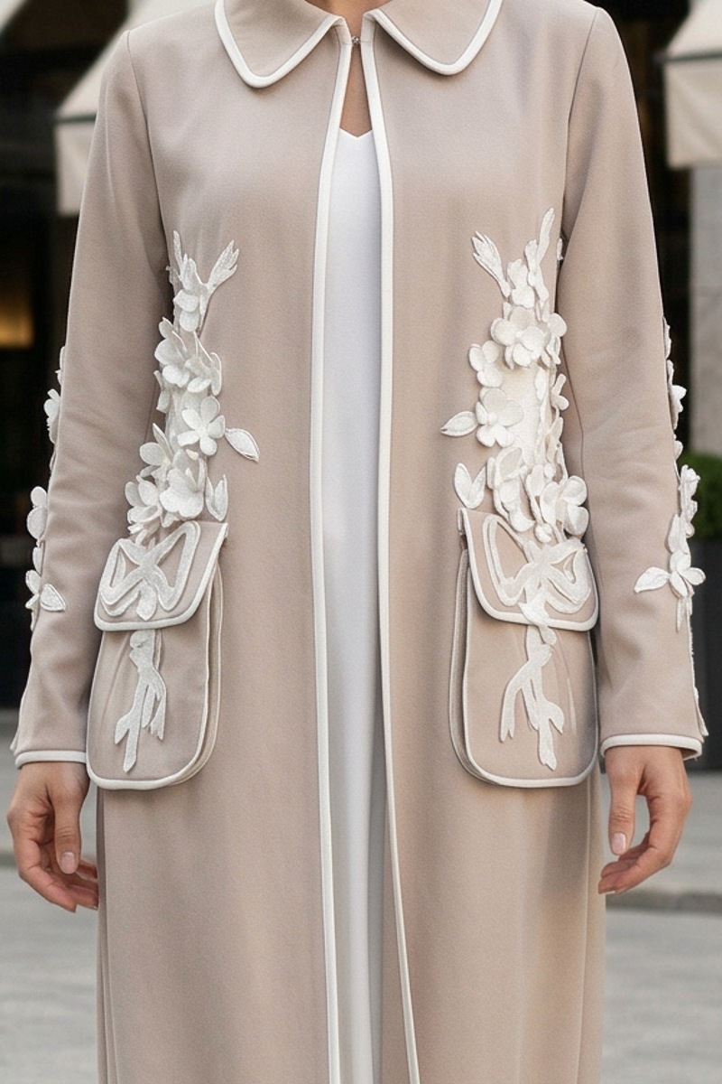 عباية كتان لينين فاخر بيج محايد مزينة بزهور بيضاء 010137