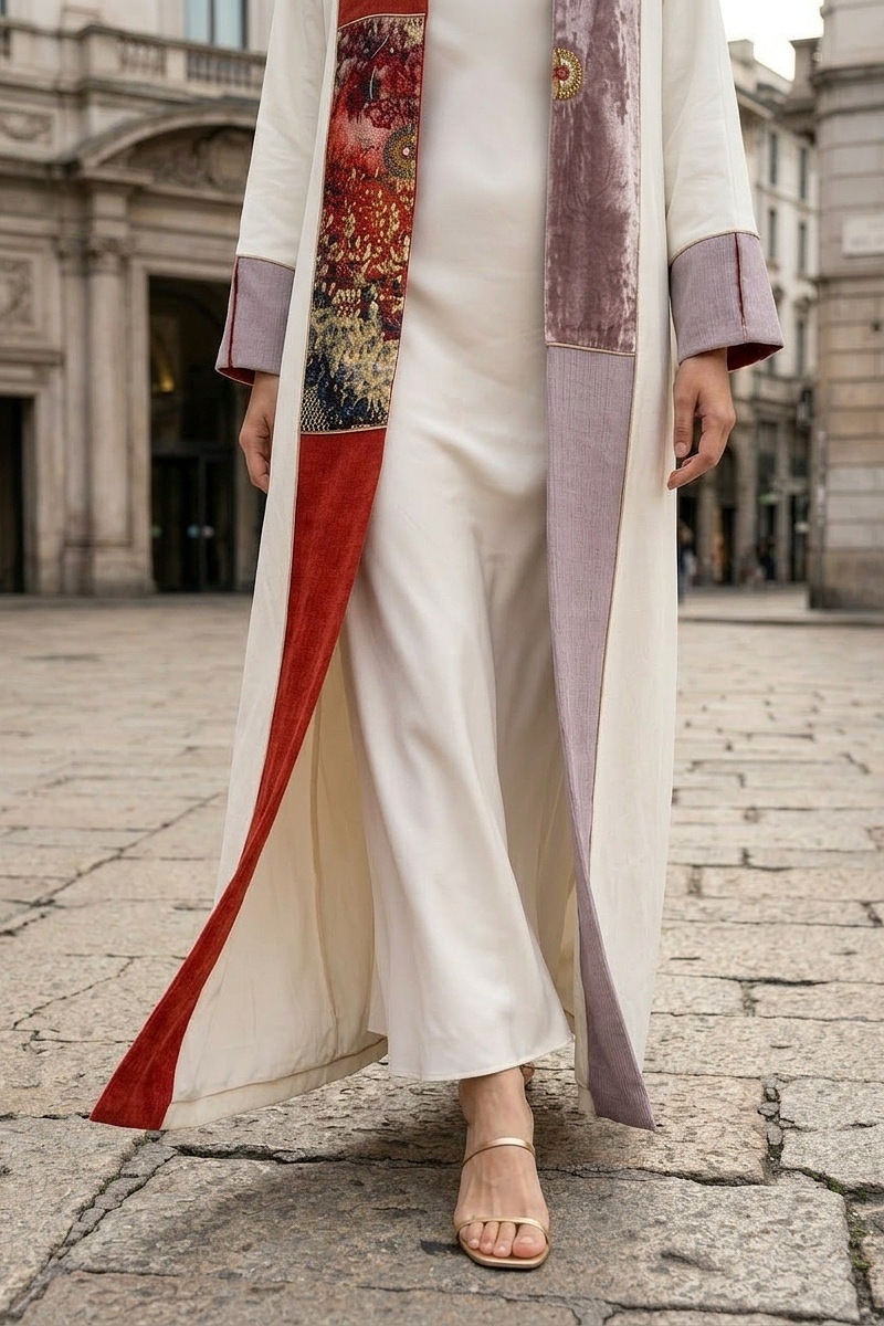 عباية كتان أبيض مائل لأوف وايت فاخر مع جاكار ومخمل خفيف 010136