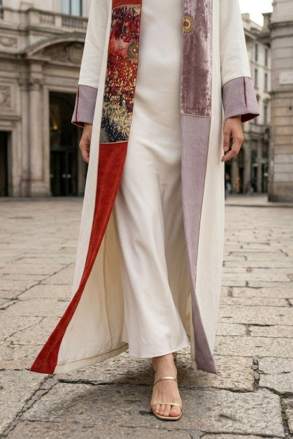 عباية كتان أبيض مائل لأوف وايت فاخر مع جاكار ومخمل خفيف 010136