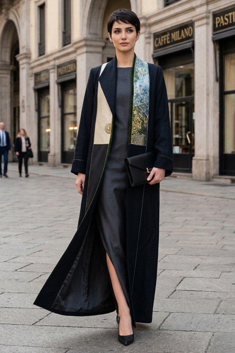 عباية كتان أسود فاخر مع جاكار ومخمل خفيف 010135