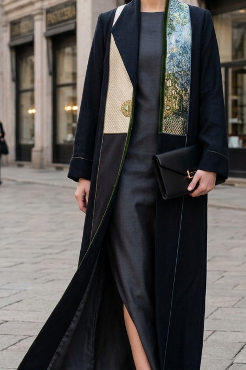 عباية كتان أسود فاخر مع جاكار ومخمل خفيف 010135
