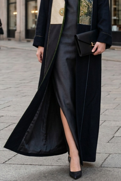 عباية كتان أسود فاخر مع جاكار ومخمل خفيف 010135