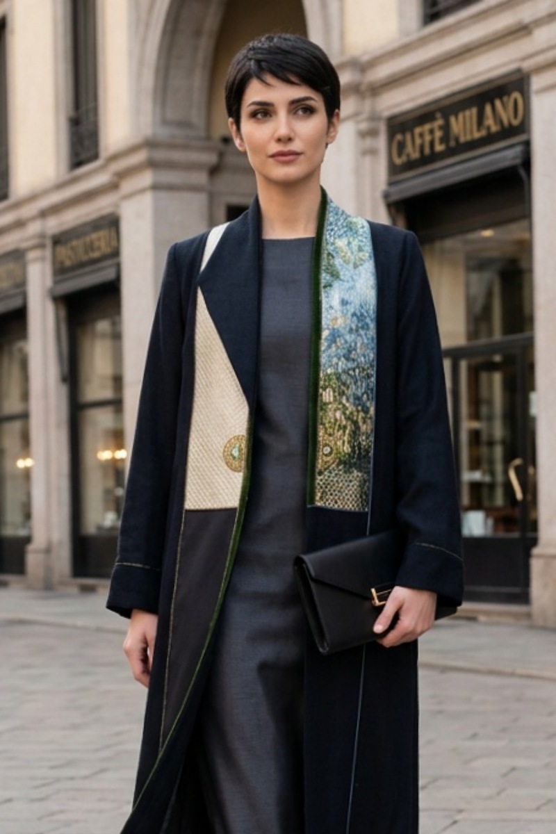 عباية كتان أسود فاخر مع جاكار ومخمل خفيف 010135