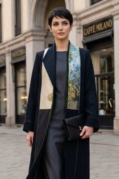 عباية كتان أسود فاخر مع جاكار ومخمل خفيف 010135