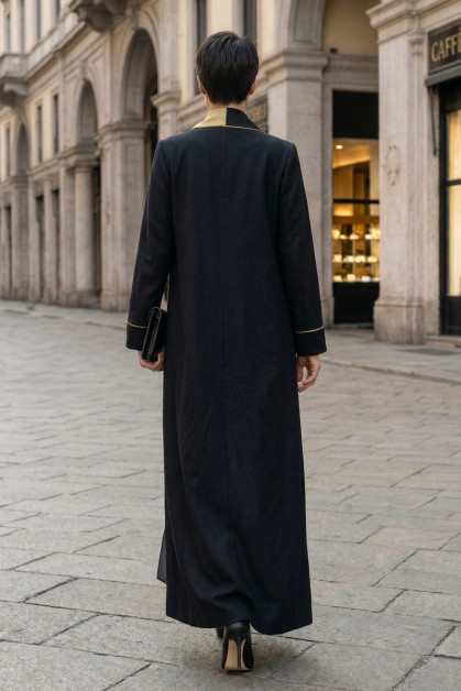 عباية كتان أسود فاخر مع جاكار ومخمل خفيف 010135